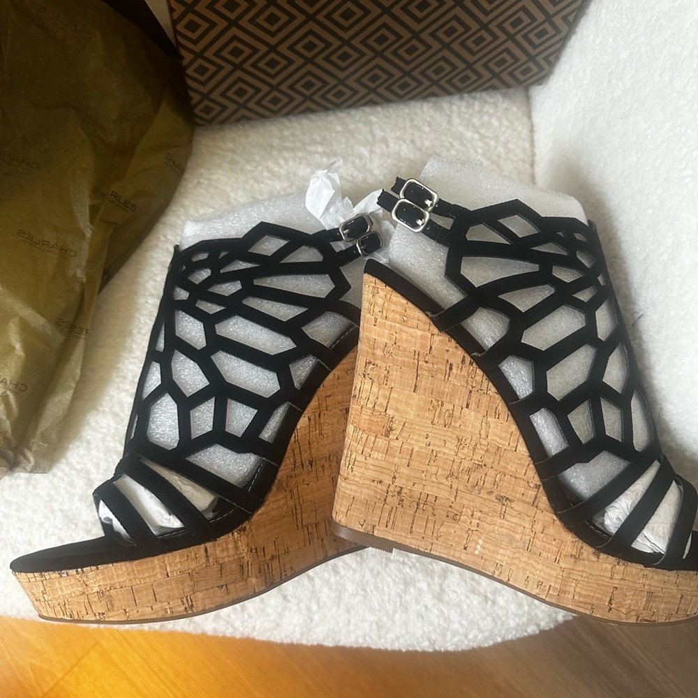 NWT. Size 9. Charles & David Stylish Black Cage Wedge Sandals